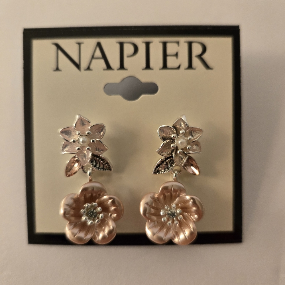 Napier New Silver Tone Pierced  Dangle Earrings Pink Flowers Pink & Clear Stones